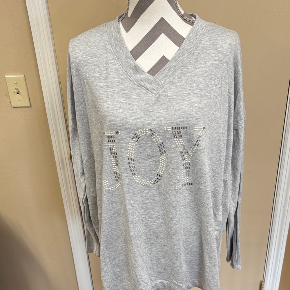 Gray V-Neck Sweater with 'JOY' Embellishment